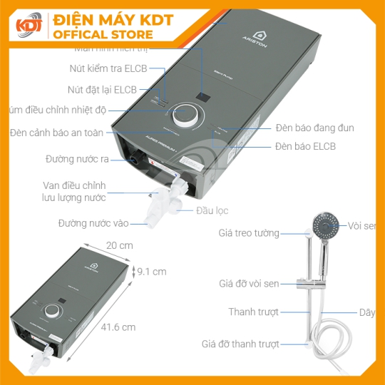 Máy nước nóng Trực tiếp Ariston 4500W AURES PREMIUM+ 4.5P có bơm