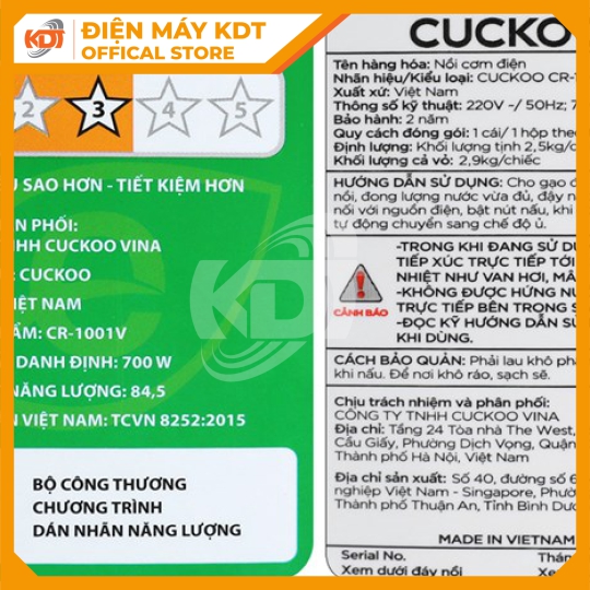 Nồi cơm Nắp gài Cuckoo 1.8Lít CR-1001V/RDWHCRVNCV (Màu đỏ)
