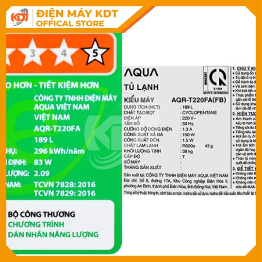 Tủ lạnh Inverter Aqua 189 Lít AQR-T220FA(FB)